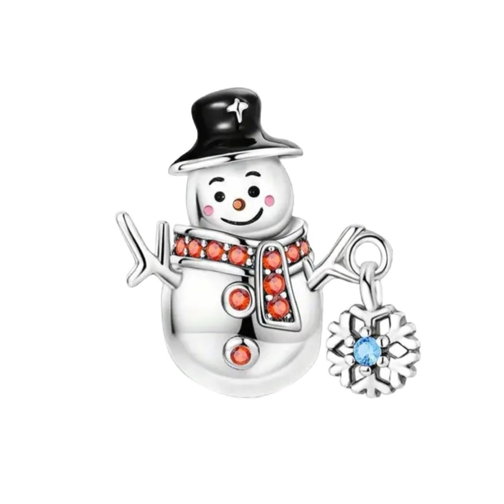 S925 Sterling Silver Snowman Charm with Hat and Crystal Snowflake - NWT